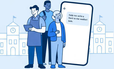 Diverse community members interacting with AI on a smartphone